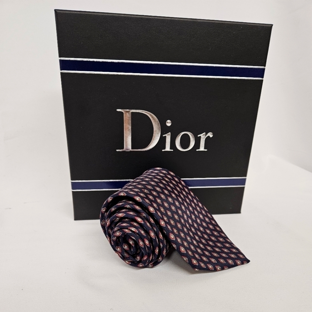 Christian Dior Silk Tie Navy Red Diamond Pattern